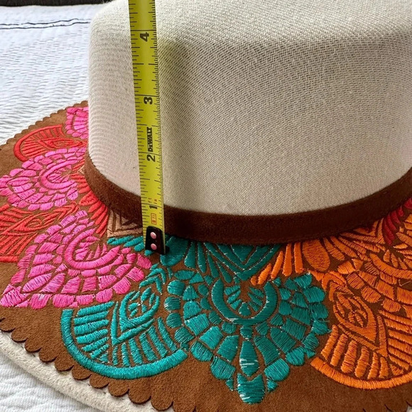 Artesanal Embroidered Colorful Mexican Sombrero Hat Tan Hand Made Large Woman - Picture 10 of 11